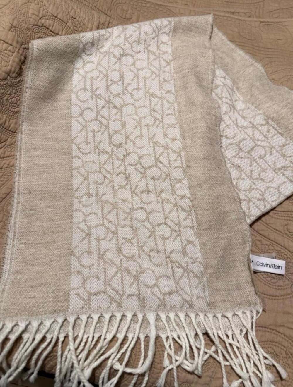 Calvin Klein Monogram Logo Scarf Beige Cream Fringe